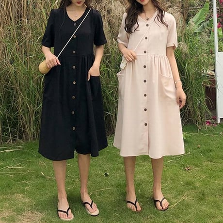 レディース フロントボタン ワンピース Vネック シャツワンピース ミモレ丈 ビッグポケット 韓国ファッション (DCT-591396626139)