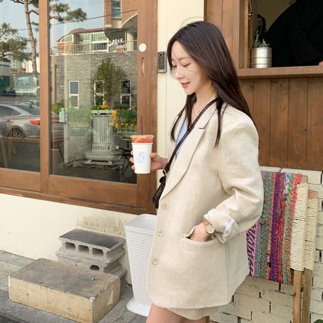 セットアップ ジャケット ＋ スカート リネン 韓国ファッション レディース 麻 シンプル 無地 シングルブレスト ハイウエスト レトロ (DTC-600589387060)