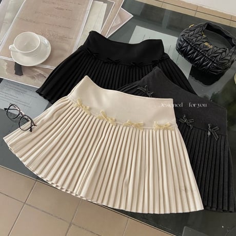 プリーツスカート リボン ミニスカート ハイウエスト Aライン スカート 脚長 レトロ 大人可愛い ガーリー 韓国ファッション レディース カジュアル フェミニン DTCA-837145949061