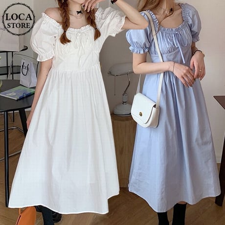 2WAY ワンピース スクエアネック オフショルダー ハイウエスト 半袖 韓国ファッション レディース オフショル パフ袖 薄手 大人可愛い ガーリーDTC-640266520620)
