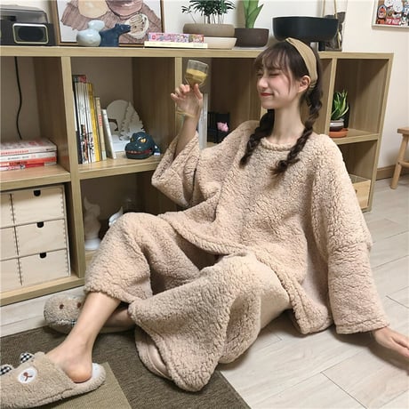 ルームウェア 4カラー  パジャマ セットアップ ラムウール トップス + パンツ 長袖 上下セット 韓国ファッション レディース 厚手 ガーリー 627726861742