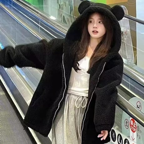 クマ耳 フード付き ボアブルゾン ファーブルゾン アウター ラムウール もこもこ 防寒 ゆったり ルーズ 長袖 冬 レトロ 大人可愛い ガーリー DTCA-831602266614