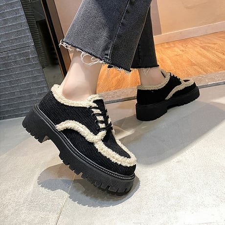 厚底 ボア スニーカー ローファー 22.5～25.0cm スエード シューレース 秋 冬 歩きやすい 疲れない 大人可愛い ガーリー カジュアル DTC-655977044609