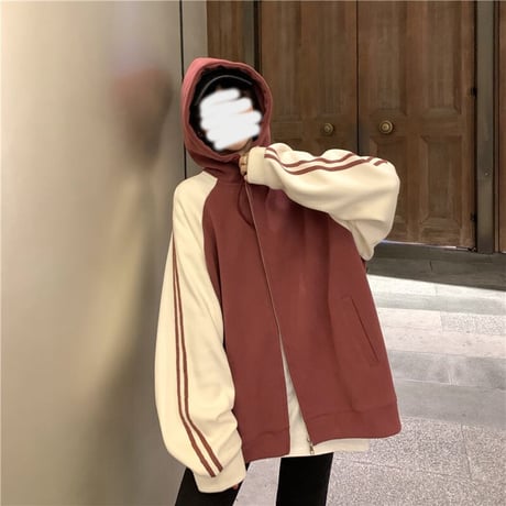 パーカー 袖ライン バイカラー ジップアップ 長袖 オーバーサイズ ゆったり レトロ 韓国ファッション レディース 大人可愛い ガーリー カジュアル DTC-656269992331