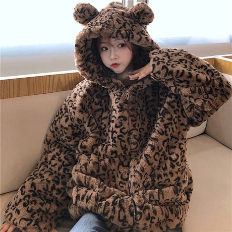 レオパード 耳付き ボアパーカー フェイクファー オーバーサイズ 韓国ファッション レディース ボアブルゾン ジップアップ ヒョウ柄 防寒 大人可愛い ガーリー DTC-627657068160