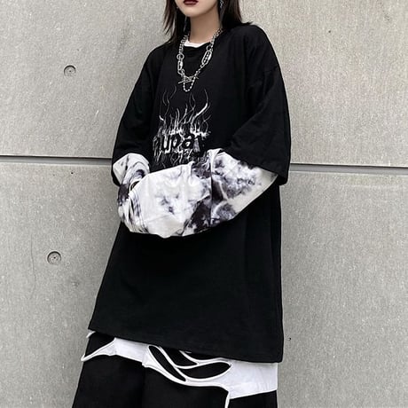 フェイクレイヤード ドッキングトップス tシャツ ロンT タイダイ柄 長袖 レトロ 韓国ファッション レディース 大人可愛い ガーリー カジュアル ストリート系 DTC-626481470986