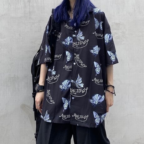 ユニセックス バタフライ柄 シャツ 柄シャツ 蝶々 半袖 オーバーサイズ 韓国ファッション メンズ レディース 大きめ カジュアル ストリート ファッション DTC-617906441343