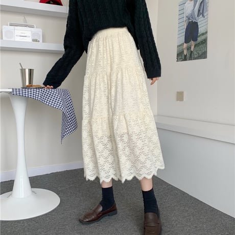 レース ベルベットスカート Aライン ハイウエスト 韓国ファッション レディース プリーツスカート ミドル丈 大人可愛い ガーリー DTC-631866327210