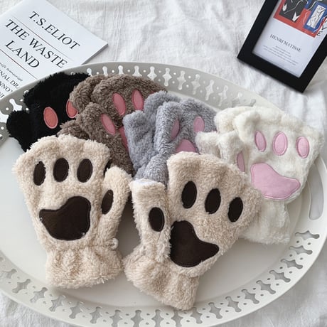 【5カラー】 猫の手 肉球 手袋 韓国ファッション レディース ハーフフィンガー ハンドウォーマー ネコ もこもこ スマホ対応 DTC-609167752977