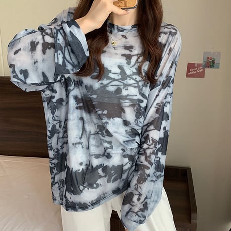 タイダイ柄 tシャツ シアートップス 薄手 クルーネック シアーtシャツ トップス オーバーサイズ ゆったり ルーズ 長袖 レトロ 大人可愛い ガーリー DTCA-745927970542