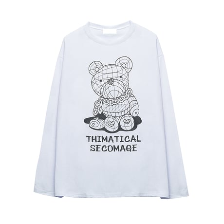 ユニセックス Tシャツ 長袖 ラインベアープリント クマちゃん ラウンドネック オーバーサイズ トップス 大きめ カジュアル ストリートファッション DTC-653486439224
