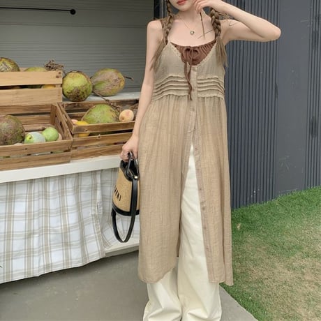 シアー キャミソールワンピース キャミワンピース レース ジレ シフォン ノースリーブ ロング丈 ルーズ レトロ 韓国ファッション レディース 大人可愛い ガーリー DTC-779276429826
