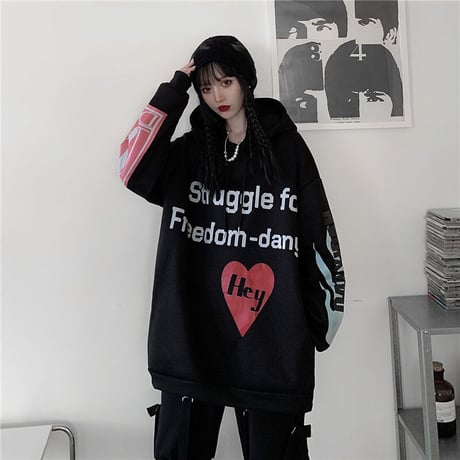 ユニセックス パーカー ハート 英字 袖プリント バックプリント プラスベルベット オーバーサイズ 韓国ファッション 大きめ カジュアル ストリート系 DTC-611075967613_M8-490