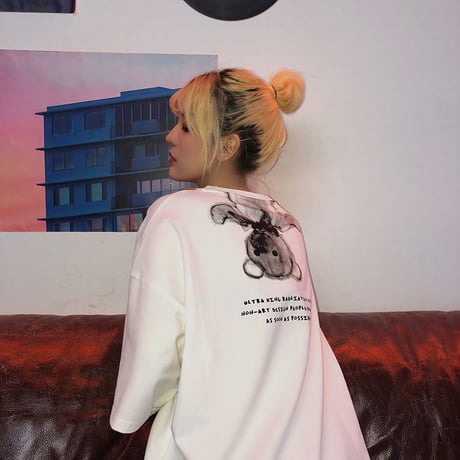 レディース 可愛いクマプリント Tシャツ ラウンドネック ゆったり 半袖 インスタ映え ストリート 韓国ファッション ホワイト ピンク (DCT-596953364679)