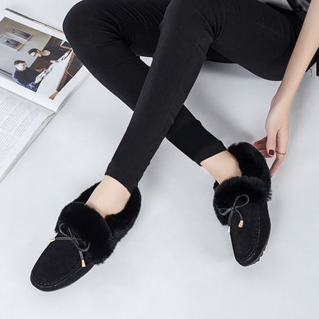 ファー モカシンシューズ 韓国ファッション レディース ムートン ファー モカシン ボア フラットシューズ 歩きやすい 履きやすい ラウンドトゥ 秋 冬 (DTC-577854845357)