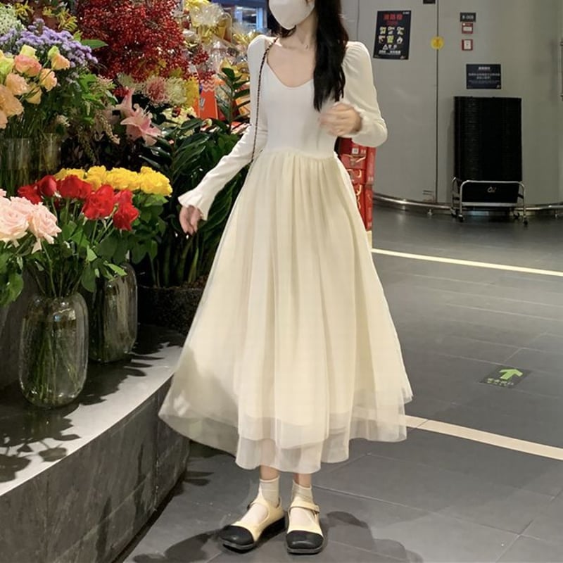 ワンピース スクエアネック Vネック ロング丈 チュールワンピース 長袖