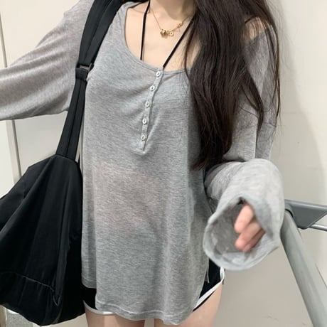 2点セット tシャツ ホルターネック キャミソール フロントボタン 薄手 オーバーサイズ トップス 長袖 レトロ 韓国ファッション レディース 大人可愛い ガーリー DTC-705063752334