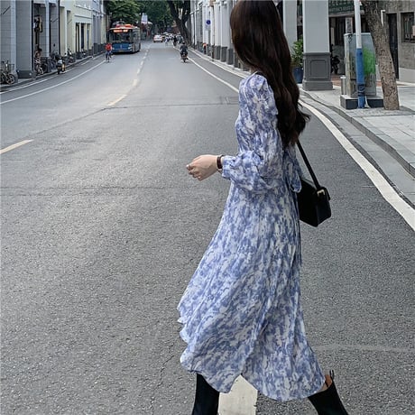タイダイ柄 ワンピース Vネック パフ袖 ロング丈 ハイウエスト 長袖 韓国ファッション レディース 大人可愛い ガーリー フェミニン DTC-655101514169