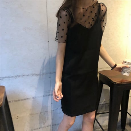 セットアップ 2点セット キャミワンピース ドット柄 レース Tシャツ ノースリーブ 大人可愛い ガーリー 韓国ファッション レディース DCT-621675137865