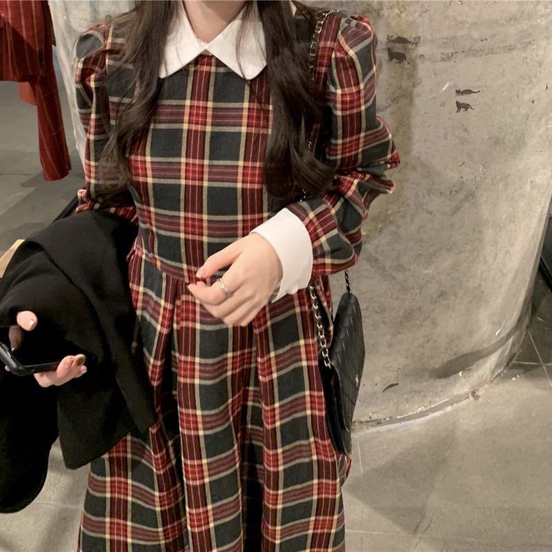 チェック柄 襟付き ワンピース 配色 ハイウエスト ロング丈 長袖