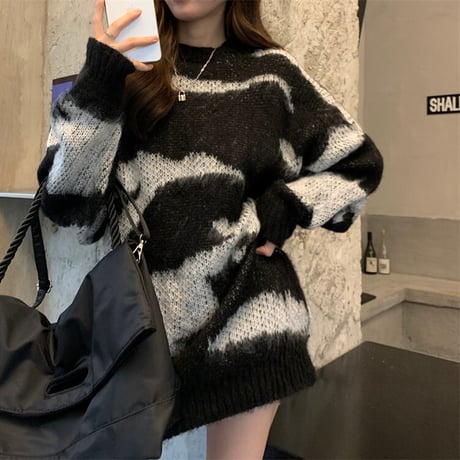 ゼブラ柄 ニット ニットセーター プルオーバー モヘア ラウンドネック 長袖 ルーズ ゆったり レトロ 韓国ファッション レディース 大人可愛い ガーリー DTC-657324217477