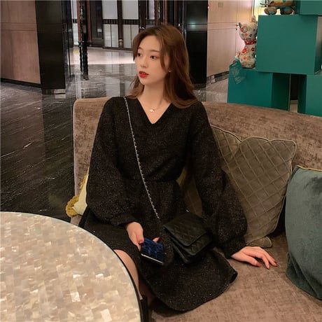 Vネック ワンピース 韓国ファッション レディース Aライン ハイウエスト ランタンスリーブ 長袖 シンプル レトロ ガーリー (DTC-608414377973)