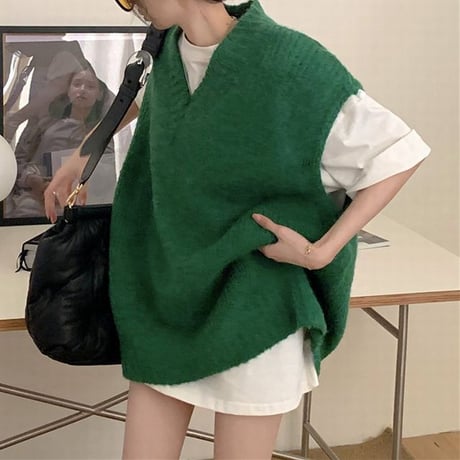 ニットベスト Vネック オーバーサイズ シンプル レトロ 韓国ファッション レディース ガーリー カジュアル 大人カジュアル DTC-667685947574