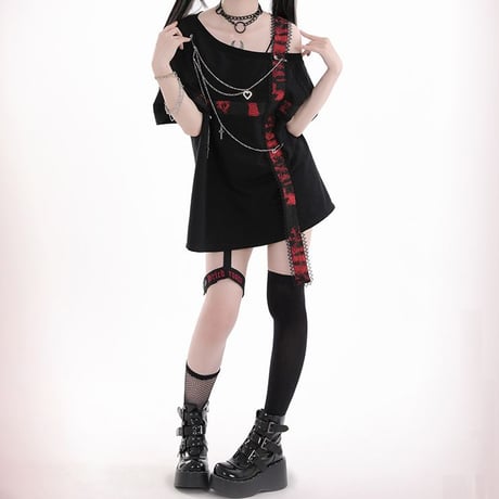 ワンショルダー Tシャツ ストラップ チェーン付き 肩出し トップス アシンメトリー ルーズ 半袖 Y2K レトロ 韓国ファッション レディース 大人可愛い ガーリー DTC-800436724194