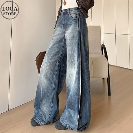 デニムパンツ ウォッシュ加工 ヴィンテージ風 デニム ジーンズ ワイドパンツ ハイウエスト ルーズ レトロ 大人可愛い ガーリー カジュアル DTC-878090803230
