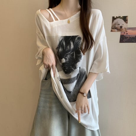 ワンショルダー Tシャツ オーバーサイズ トップス 半袖 肌見せ アシンメトリー レトロ 韓国ファッション レディース 大人可愛い ガーリー DTC-794701244884