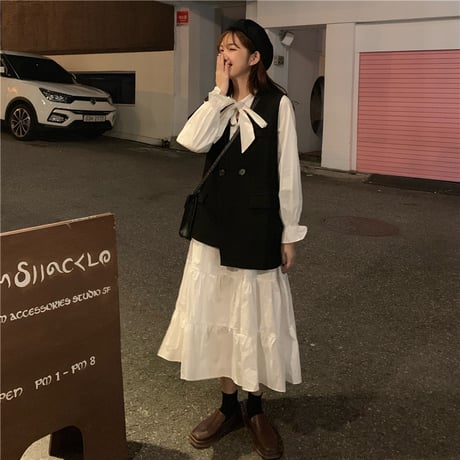 セットアップ ベスト ＋ ボウタイ フリル ワンピース 韓国ファッション レディース ロング丈 長袖 シンプル レトロ ガーリー (DTC-602303245123)