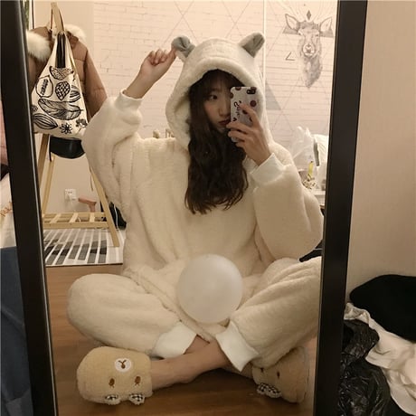 ルームウェア パジャマ セットアップ フリース パーカー + パンツ 耳付き 長袖 上下セット 長袖 韓国ファッション レディース もこもこ ガーリー 628421744075