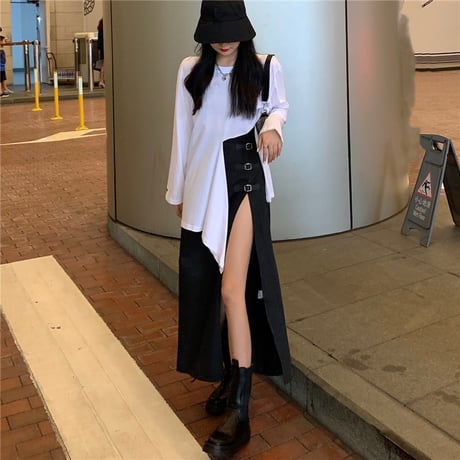 2点セット 不規則 Tシャツ 長袖 ＋ ロングスカート スリット バックル 韓国ファッション レディース セットアップ Tシャツ スカート 大人可愛い ガーリー DTC-626234293153