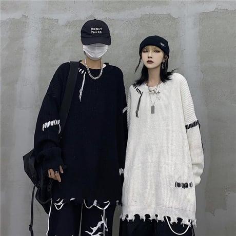 ユニセックス ダメージ加工 ニット ドロップショルダー セーター オーバーサイズ 韓国ファッション メンズ レディース ビター系 ストリート系ファッション DTC-630242686847