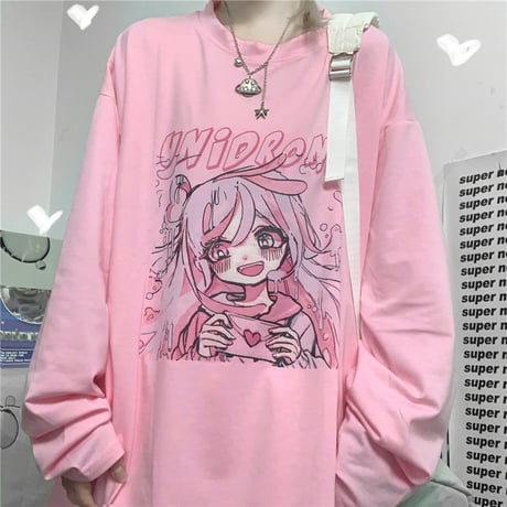 Tシャツ 長袖 女の子プリント オーバーサイズ 大きめ ロンT カジュアル 病み可愛い 病みかわ 地雷系 韓国ストリートファッション 韓国ファッション レディース DTC-636364376342
