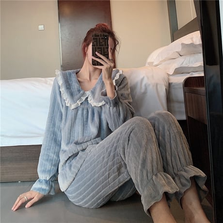 ルームウェア パジャマ セットアップ コーラルフリース トップス + パンツ 長袖 上下セット 韓国ファッション レディース ホワイト ブルー ガーリー 630856660553