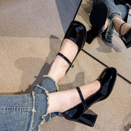 メリージェーンパンプス 22.0～24.5cm パテントレザー チャンキーヒール 太ヒール 7.5cm パンプス ラウンドトゥ 韓国ファッション レディース DTCA-821831991229