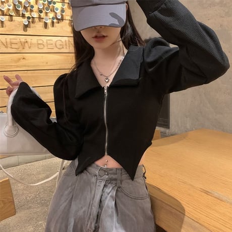 トップス 不規則デザイン ジップアップ スリムフィット 長袖 パフスリーブ ポロカラー レトロ 韓国ファッション レディース 大人可愛い ガーリー カジュアル DTCA-732391595269