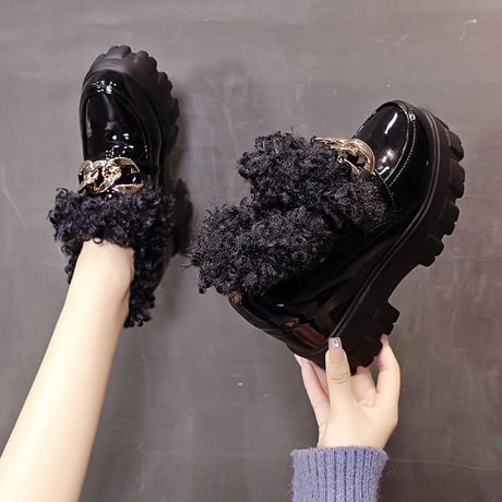 厚底 ファーシューズ 22.0～24.5cm ファーローファー ローファー チェーンデザイン インヒール 歩きやすい 疲れない 大人可愛い ガーリー DTC-659154706888