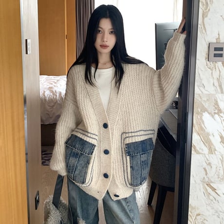 カーディガン ニット デニムミックス 異素材 オーバーサイズ 長袖 ルーズ ゆったり レトロ 韓国ファッション レディース 大人可愛い ガーリー カジュアル DTC-738962872965