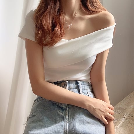 ワンショルダー トップス 不規則デザイン 半袖 韓国ファッション レディース Tシャツ 大人可愛い ガーリー フェミニン DTC-641886251782