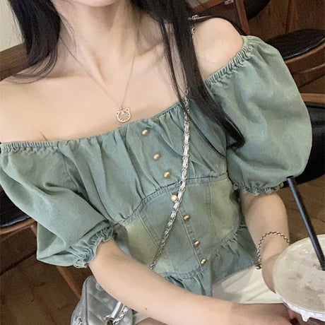 デニムブラウス 2way オフショルダー 半袖 パフスリーブ ショート丈 レトロ 韓国ファッション レディース 大人可愛 ガーリー DTC-714166208956