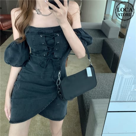 デニム ワンピース 絞り上げ 半袖 ハイウエスト パフ袖 韓国ファッション レディース 大人可愛い ガーリー DTC-643037180623