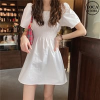 ワンピース ミニ丈 Aライン ホワイト スクエアネック 白 ハイウエスト シンプル 半袖 レトロ 韓国ファッション レディース 大人可愛い ガーリー DTC-616628163164_wt