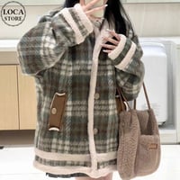 チェック柄 ボアジャケット アウター フェイクラムウール オーバーサイズ 防寒 ゆったり 長袖 冬 レトロ 韓国ファッション レディース 大人可愛い ガーリー DTCA-840018887119