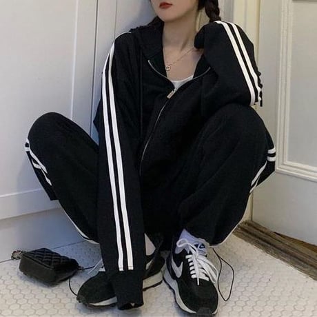 セットアップ 上下セット スウェット サイドライン ジップアップ パーカー パンツ ジャージ ルーズ レトロ 大人可愛い ガーリー カジュアル スポーツミックス DTCA-687375312327