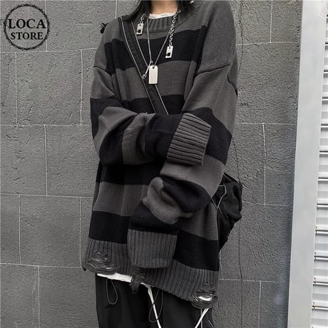 ユニセックス ダメージ加工 ボーダーニット ドロップショルダー 韓国ファッション メンズ レディース セーター オーバーサイズ ビター系 ストリート系 モード系 DTC-630622135755