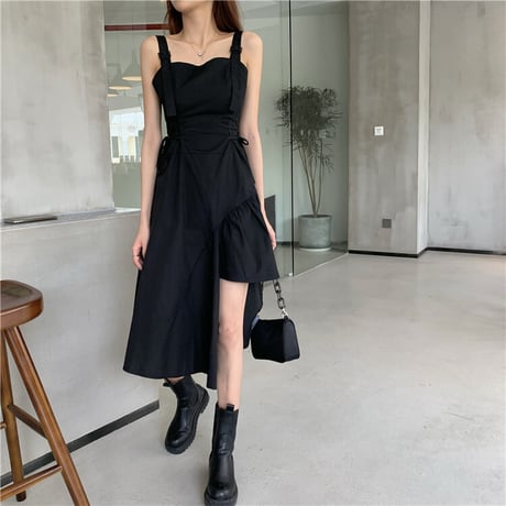 ワンピース アシンメトリー 不規則デザイン 韓国ファッション レディース オープンショルダー サスペンダースカート 大人カジュアル 大人可愛い ガーリー (DTC-622524123281)