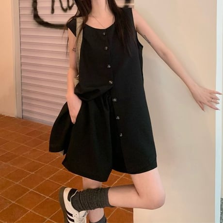 セットアップ 上下セット ロングベスト ショートパンツ 2点セット ルーズ ノースリーブ ハイウエスト レトロ 韓国ファッション レディース 大人可愛い ガーリー DTC-802457712850