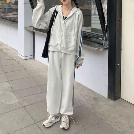 セットアップ 上下セット スウェット サイドライン ジップアップ パーカー パンツ ジャージ ルーズ レトロ 大人可愛い ガーリー カジュアル スポーツミックス DTCA-687375312327